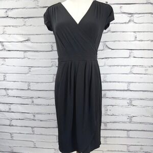 New York & Company Black Faux Wrap Dress Size 4 V Neck Tulip Hem Stretch